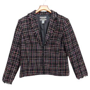 Vtg Nouveaux Tweed Blazer Jacket Womens Black Pink Plaid Fringe Cuff Size 12